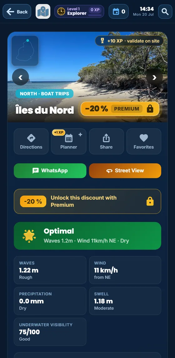 A northern-islands excursion in the Moris Insider app, with its −20% Premium discount