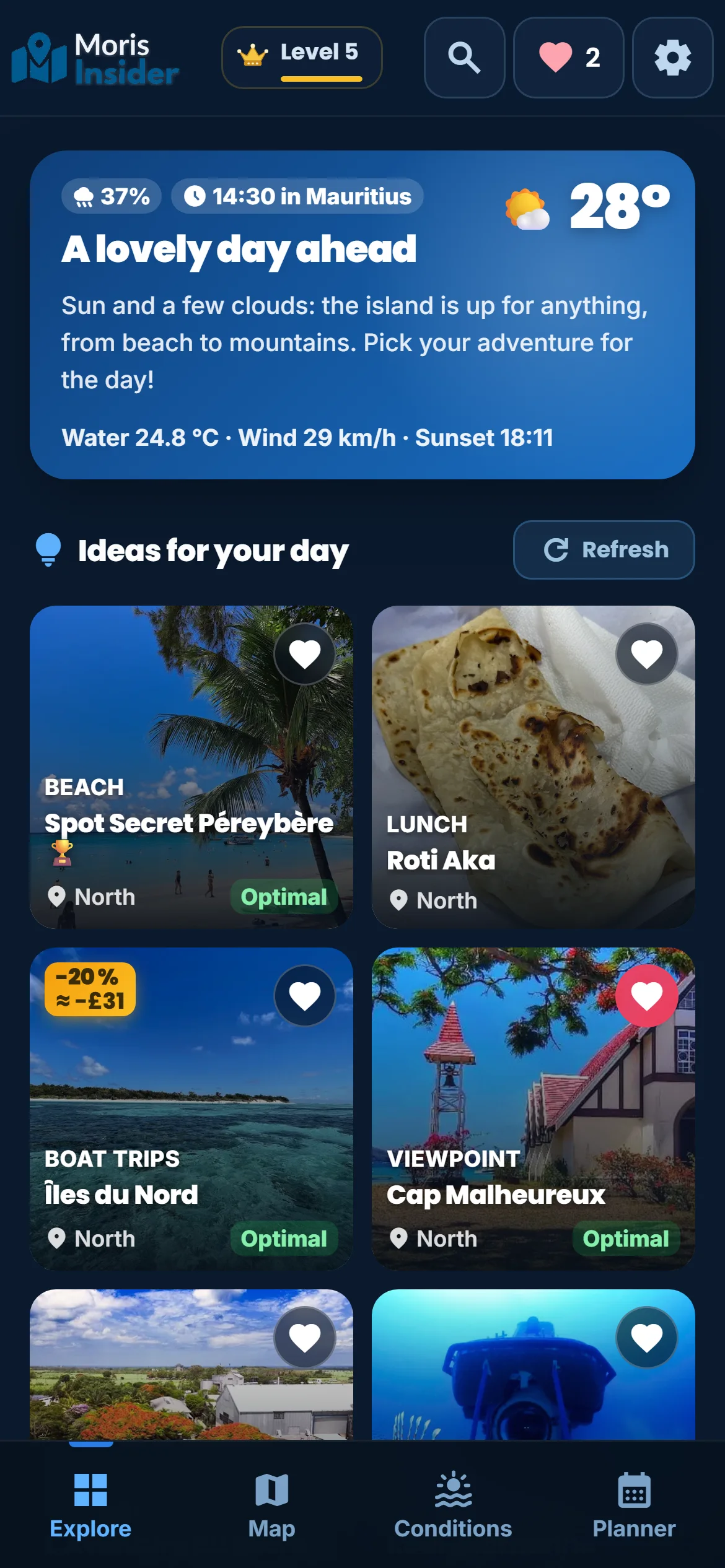 My day — Every morning the app reads the weather and suggests ideas: where to go, what to do, at what time.