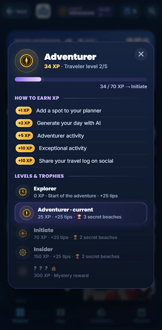 Your levels and XP progress in the Moris Insider app