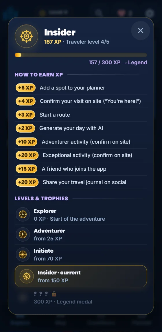 Your levels and XP progress in the Moris Insider app