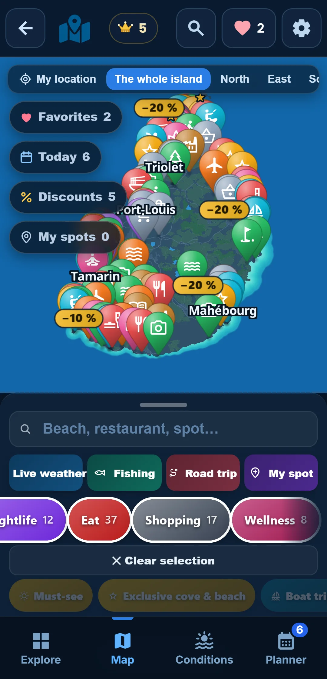 Sub-categories — Every category unfolds: under “Ocean”, keep snorkelling only.
