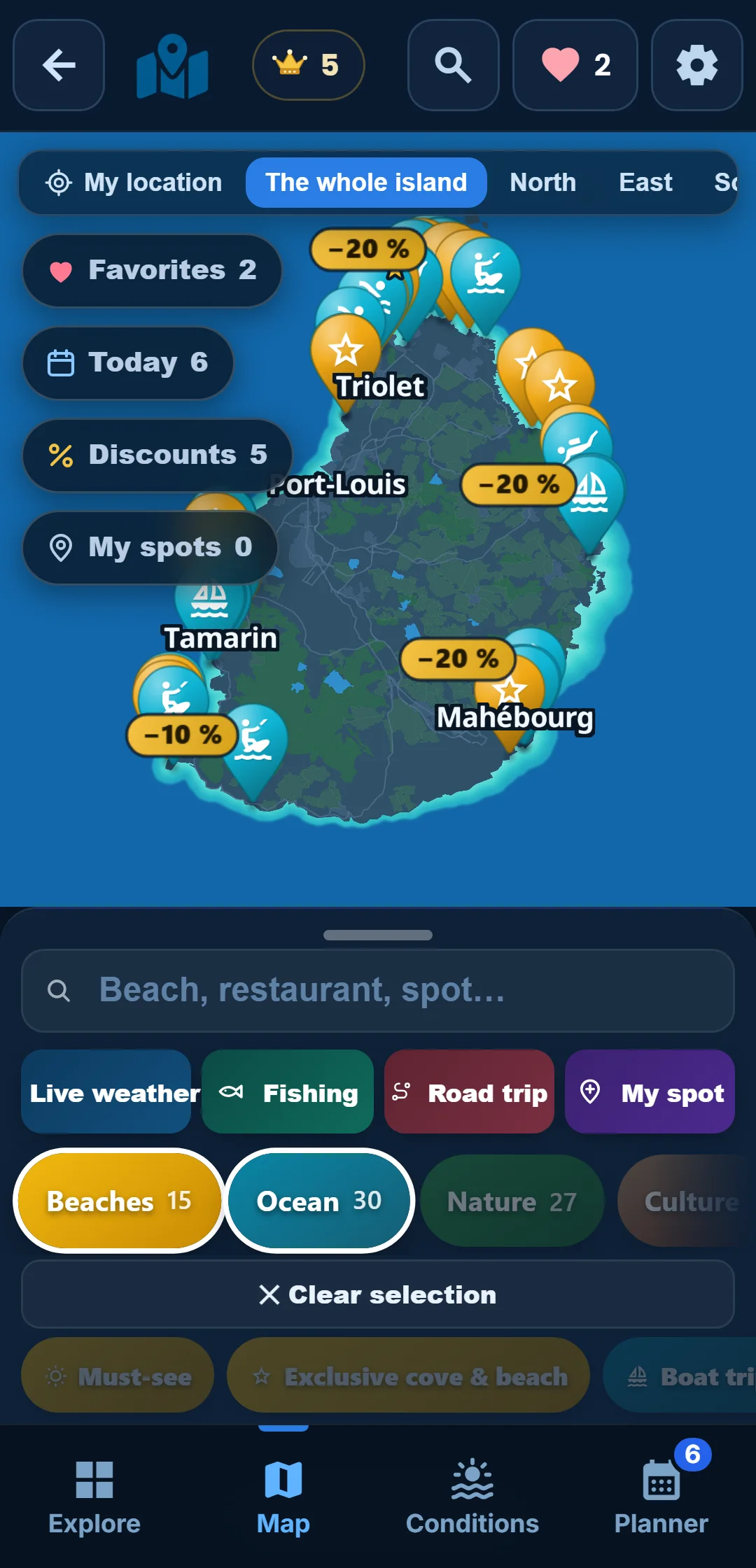 Sub-categories — Every category unfolds: under “Ocean”, keep snorkelling only.