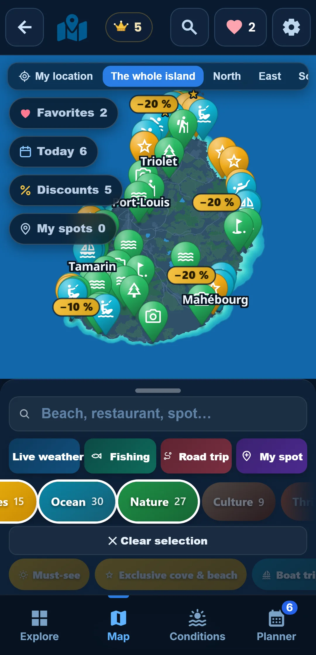 Sub-categories — Every category unfolds: under “Ocean”, keep snorkelling only.