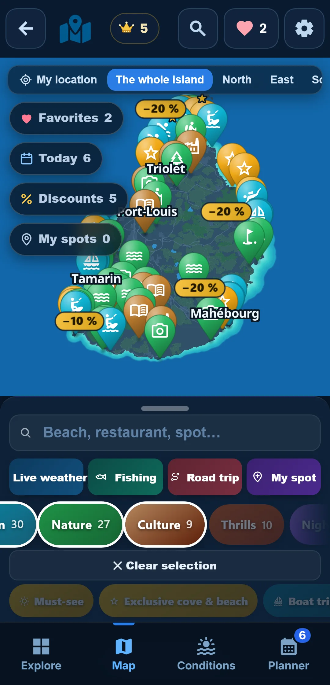 Sub-categories — Every category unfolds: under “Ocean”, keep snorkelling only.