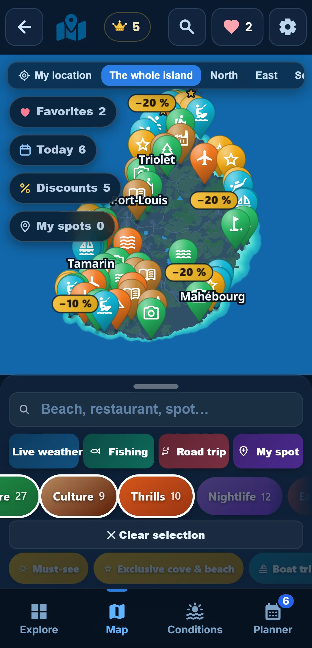 Sub-categories — Every category unfolds: under “Ocean”, keep snorkelling only.