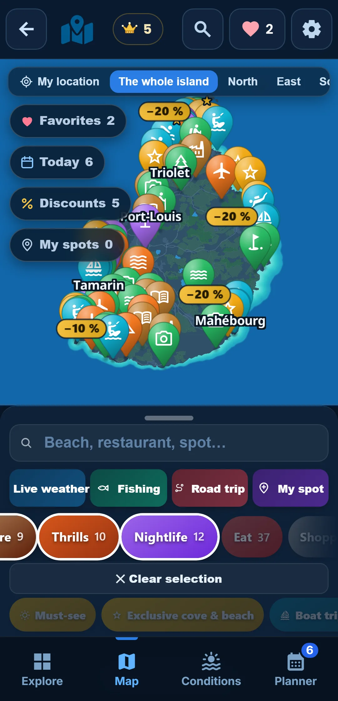 Sub-categories — Every category unfolds: under “Ocean”, keep snorkelling only.