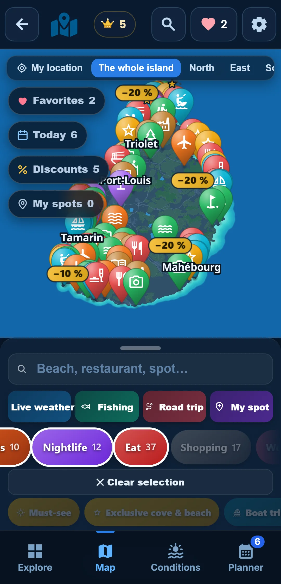 Sub-categories — Every category unfolds: under “Ocean”, keep snorkelling only.