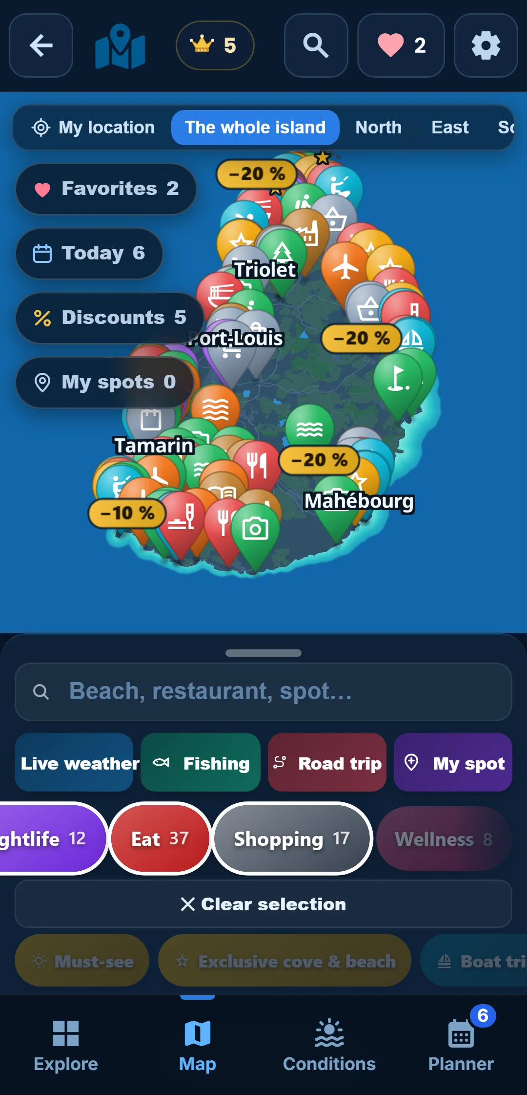 Sub-categories — Every category unfolds: under “Ocean”, keep snorkelling only.