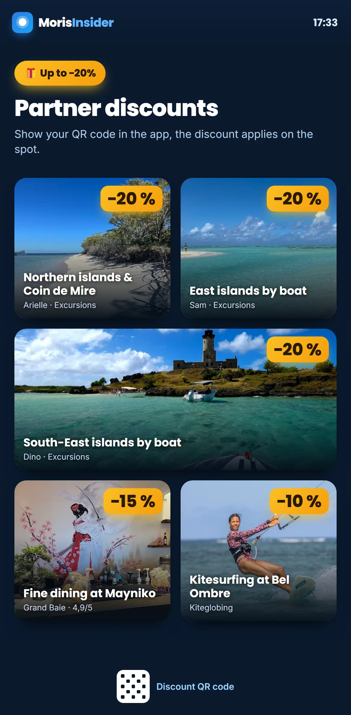 Partner discounts — discounted activities with their percentage