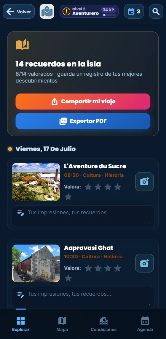 El diario de viaje de la app Moris Insider: las salidas pasadas agrupadas por día, con estrellas, fotos y campo de notas