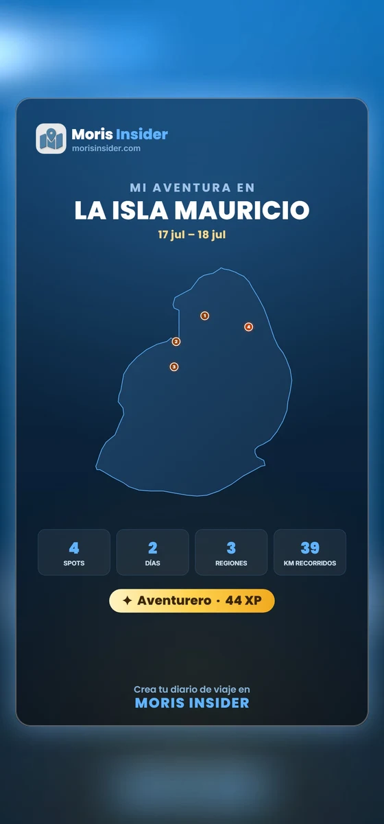 La story generada por la app: mapa de Mauricio, spots numerados, contadores de spots, días, regiones y kilómetros