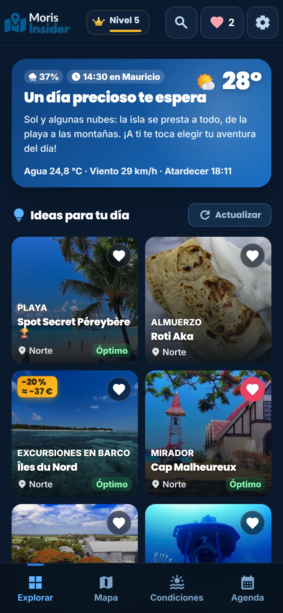 Mi día — Cada mañana la app lee el tiempo y te propone ideas: adónde ir, qué hacer y a qué hora.