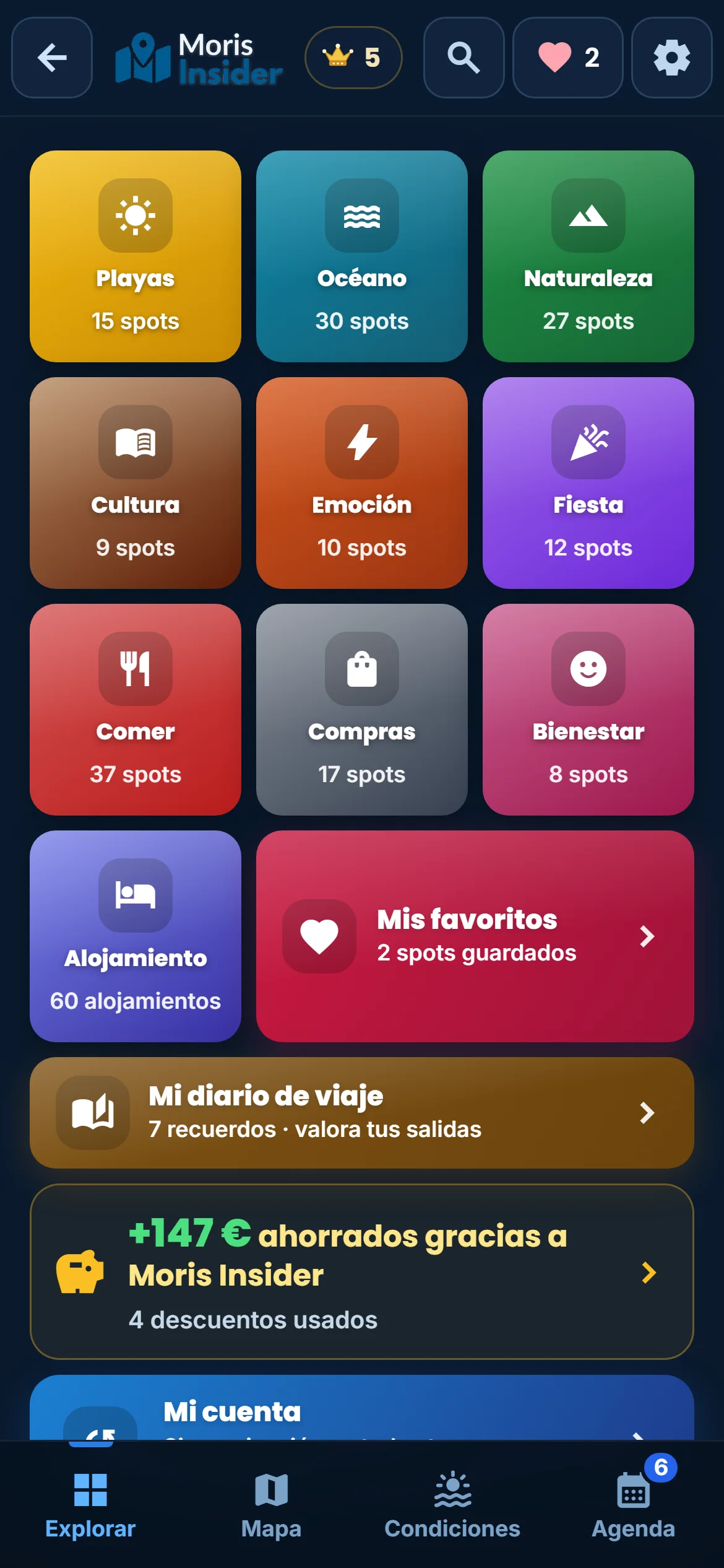 Explorar — 225 lugares seleccionados, ordenados por ganas. Filtras, comparas, decides.