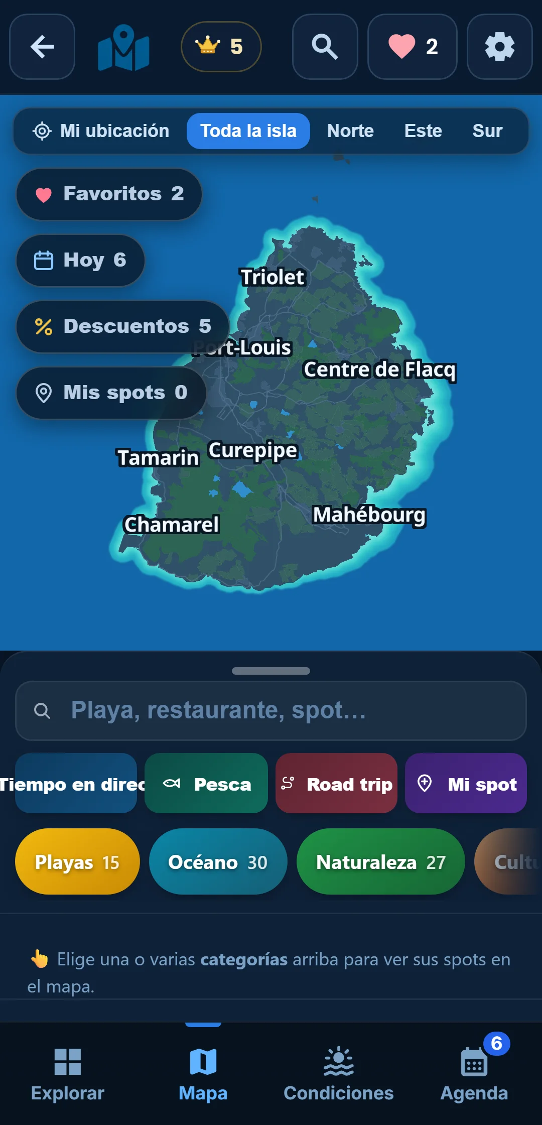 El mapa — Un mapa limpio de la isla. Solo muestras lo que quieres ver.