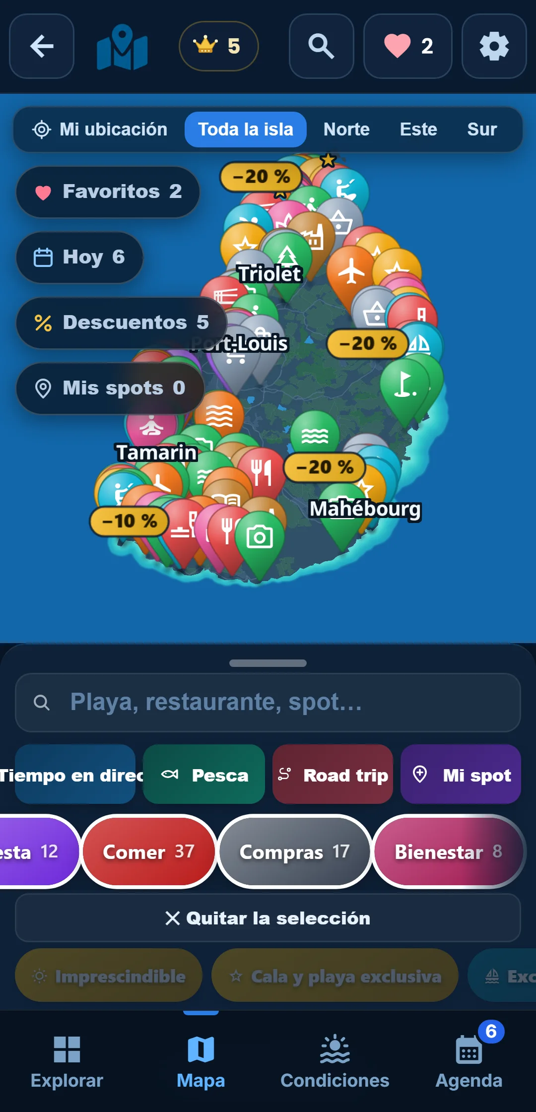 Subcategorías — Cada categoría se despliega: en « Océano », quédate solo con el snorkel.