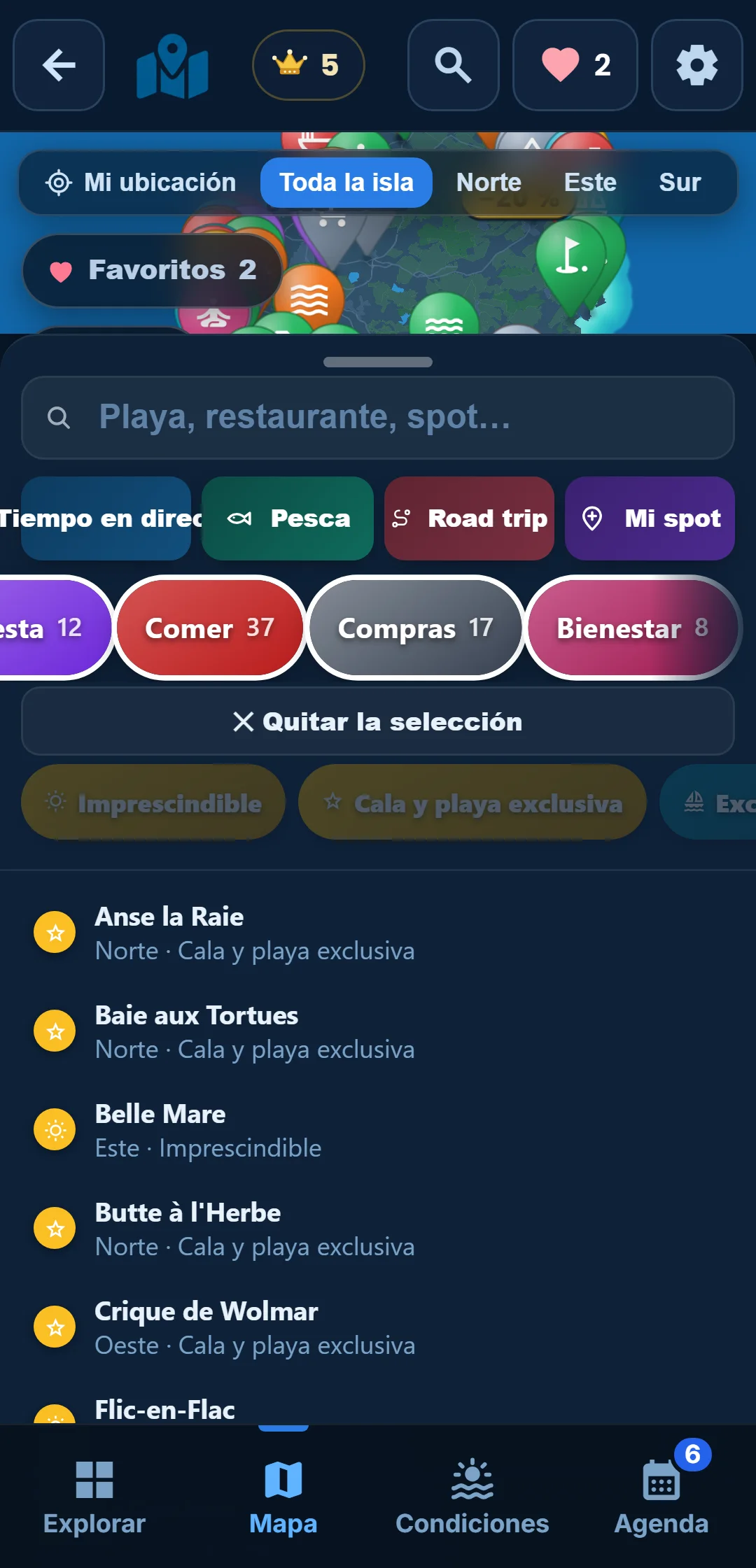 Subcategorías — Cada categoría se despliega: en « Océano », quédate solo con el snorkel.