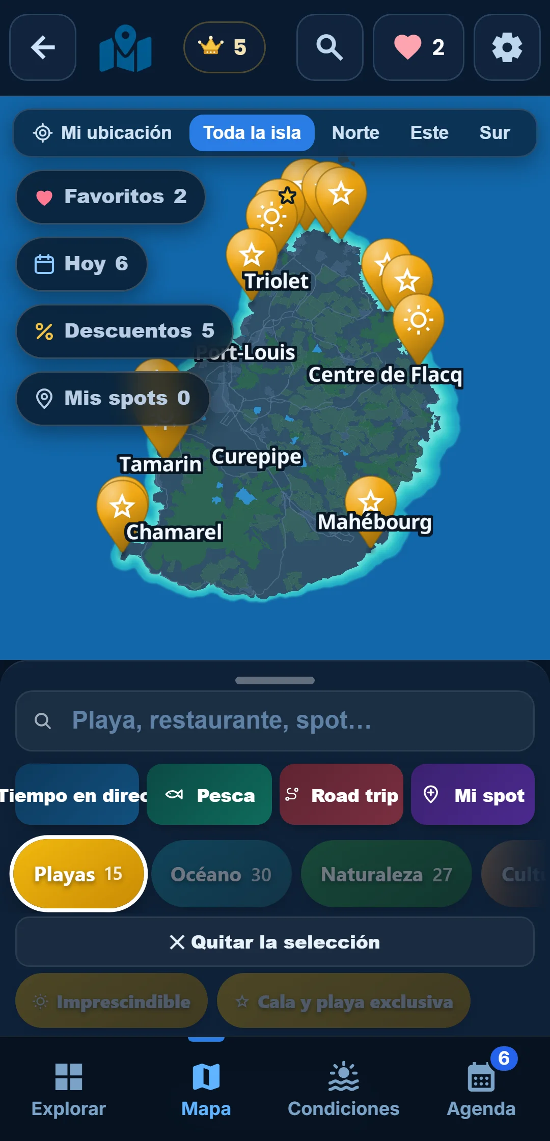 Subcategorías — Cada categoría se despliega: en « Océano », quédate solo con el snorkel.