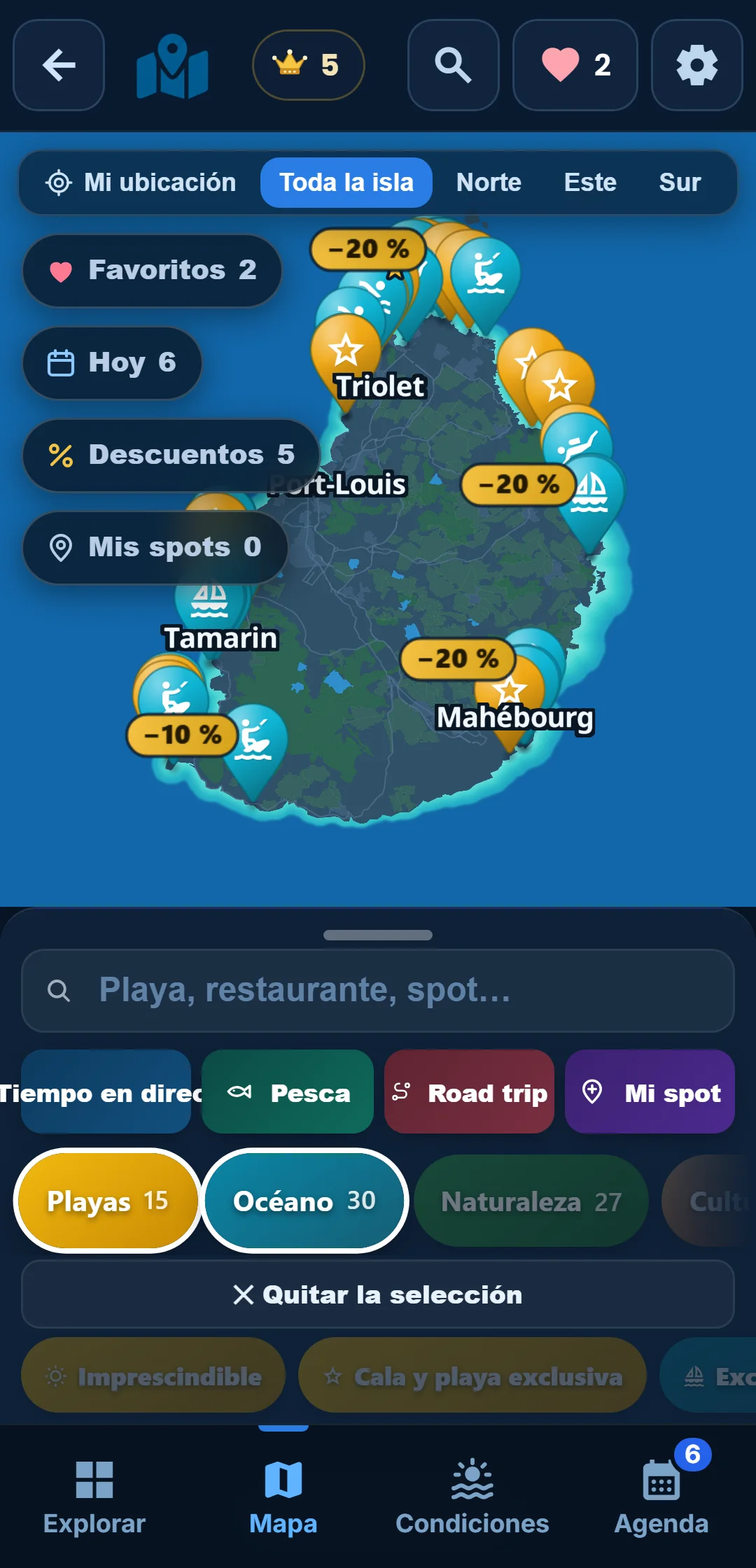 Subcategorías — Cada categoría se despliega: en « Océano », quédate solo con el snorkel.