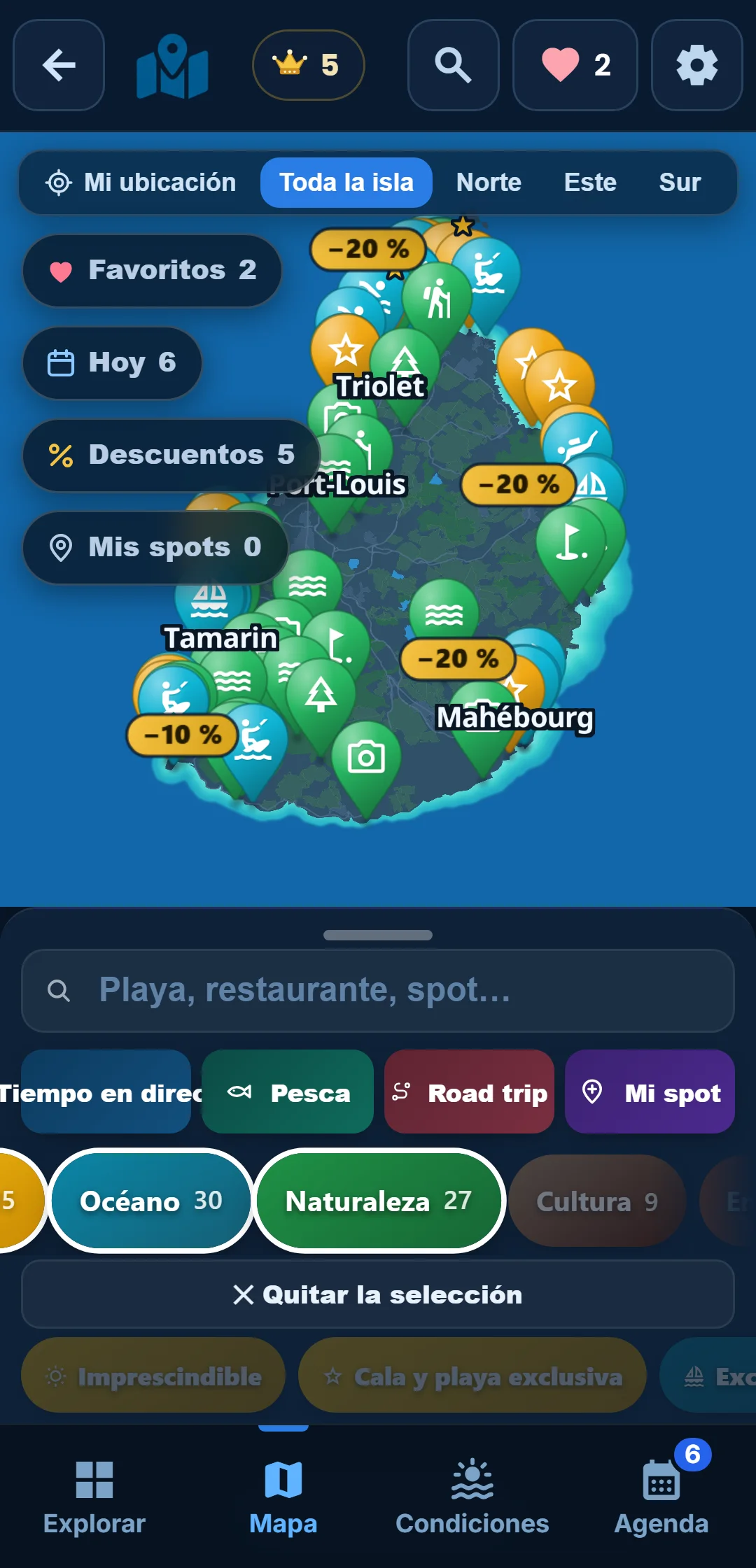 Subcategorías — Cada categoría se despliega: en « Océano », quédate solo con el snorkel.