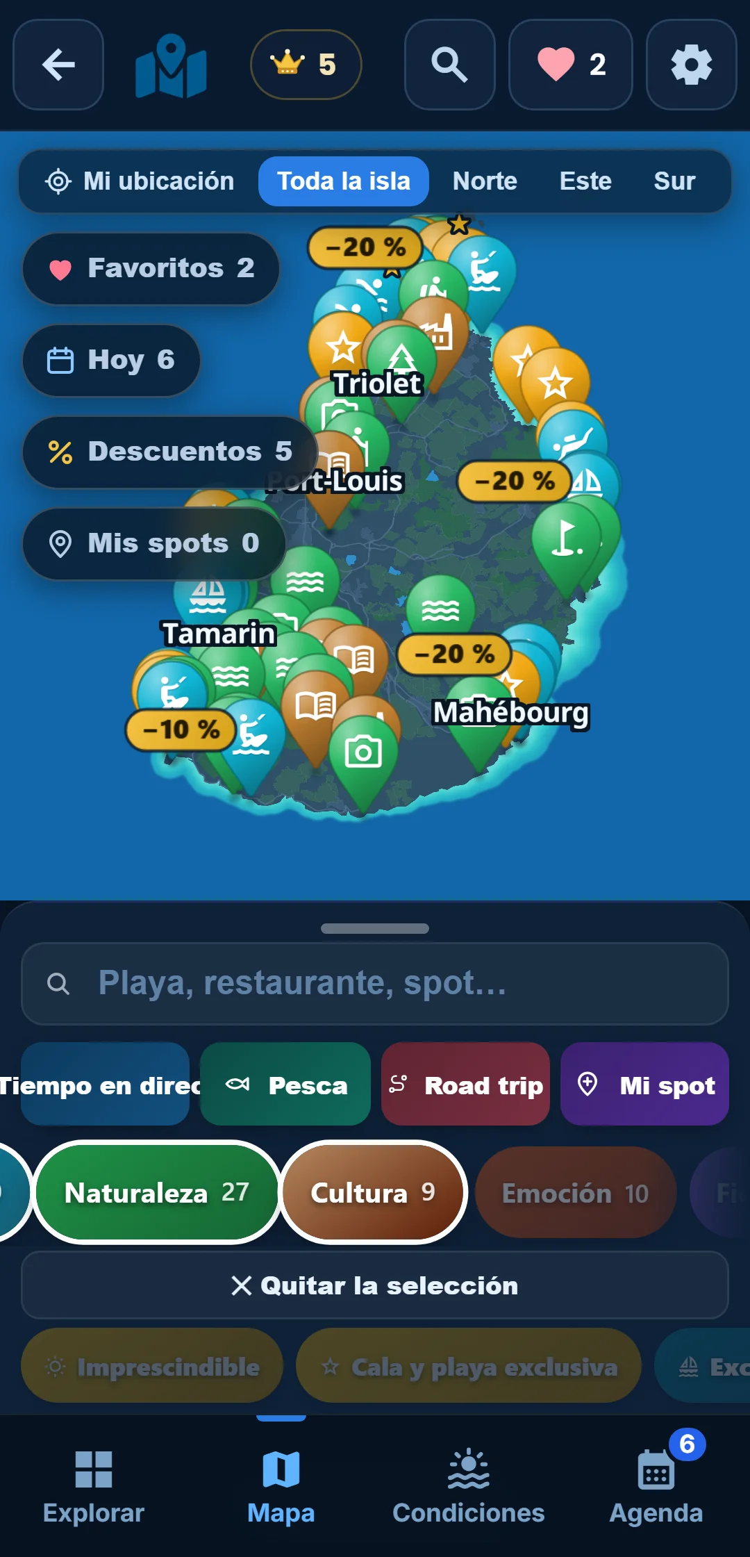 Subcategorías — Cada categoría se despliega: en « Océano », quédate solo con el snorkel.