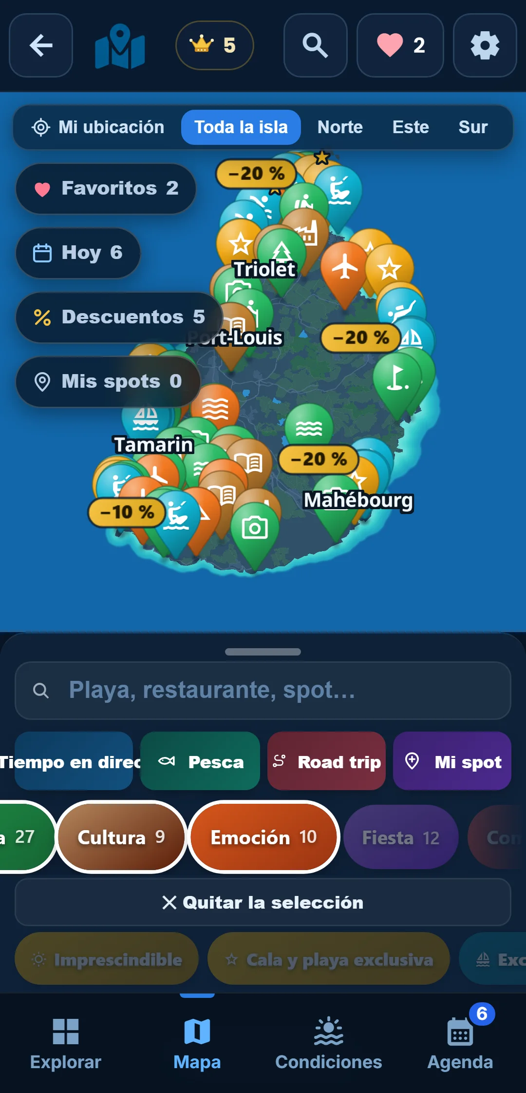 Subcategorías — Cada categoría se despliega: en « Océano », quédate solo con el snorkel.