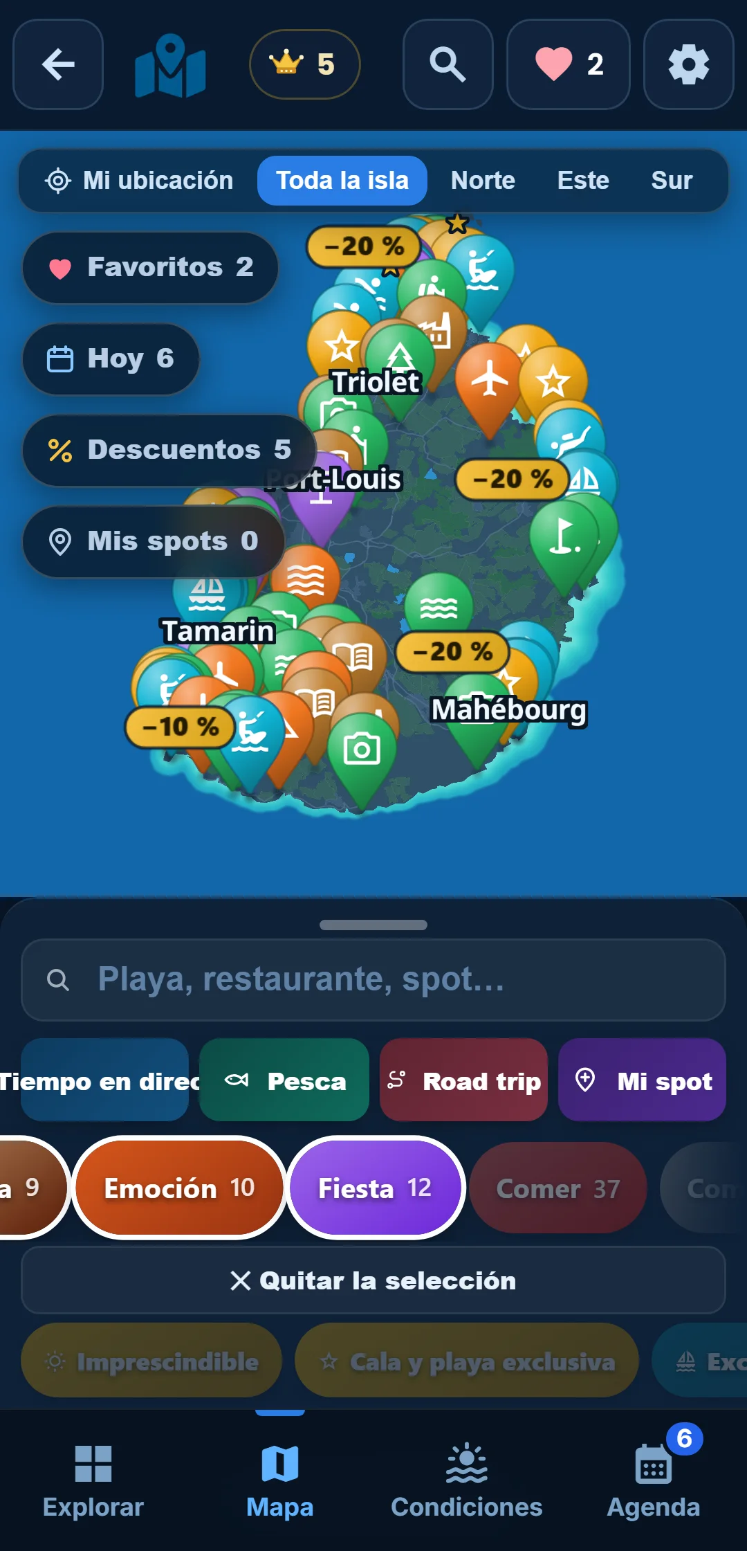 Subcategorías — Cada categoría se despliega: en « Océano », quédate solo con el snorkel.