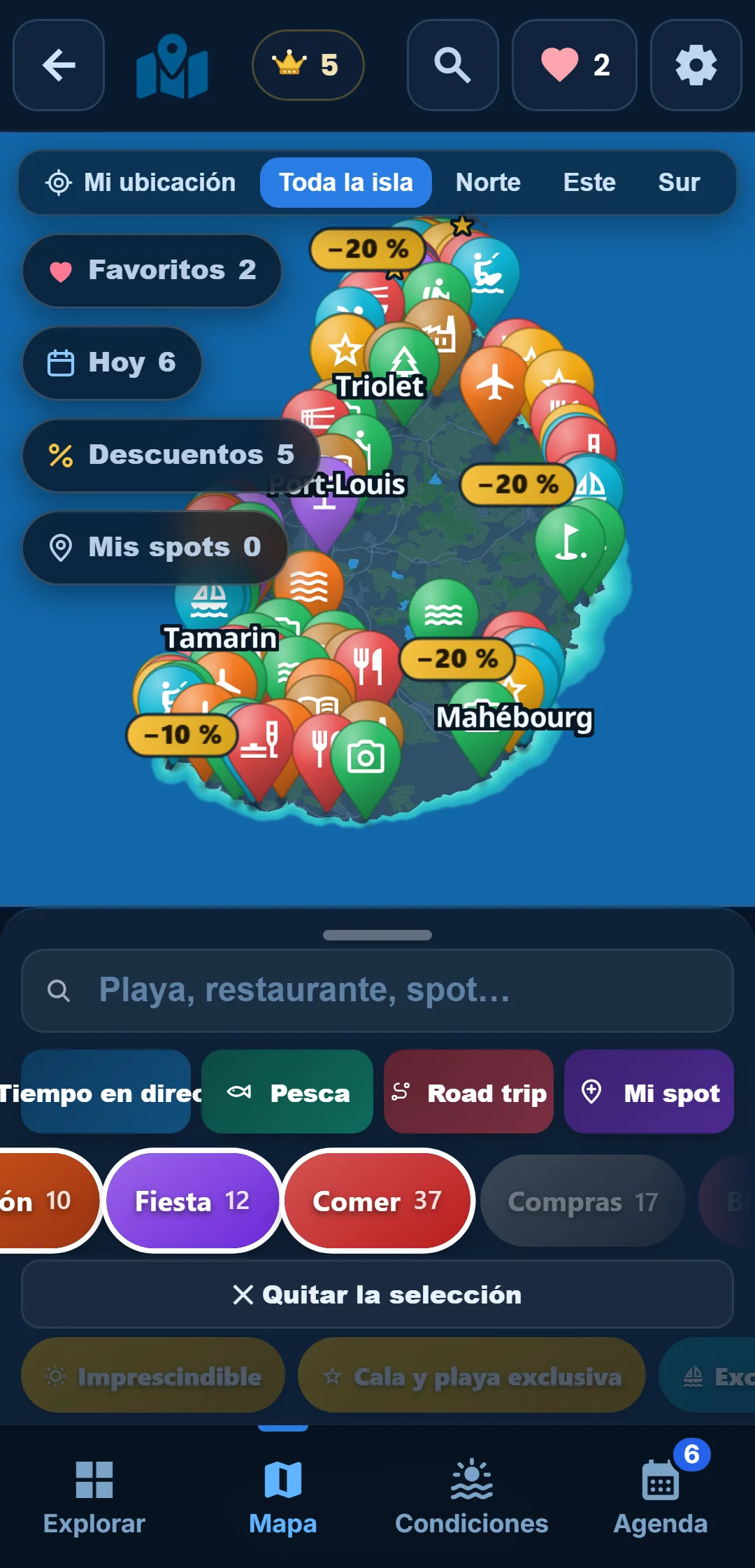 Subcategorías — Cada categoría se despliega: en « Océano », quédate solo con el snorkel.