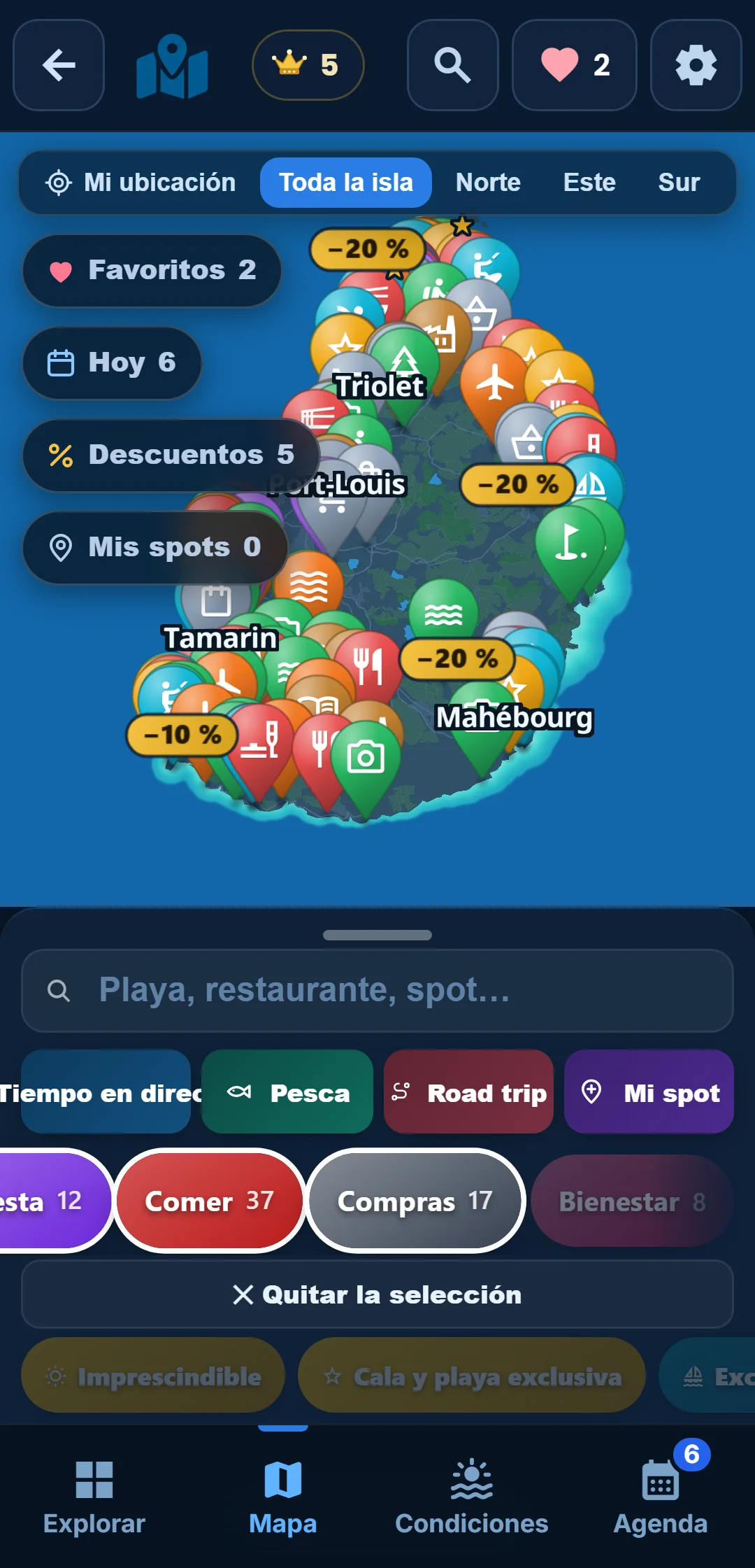 Subcategorías — Cada categoría se despliega: en « Océano », quédate solo con el snorkel.