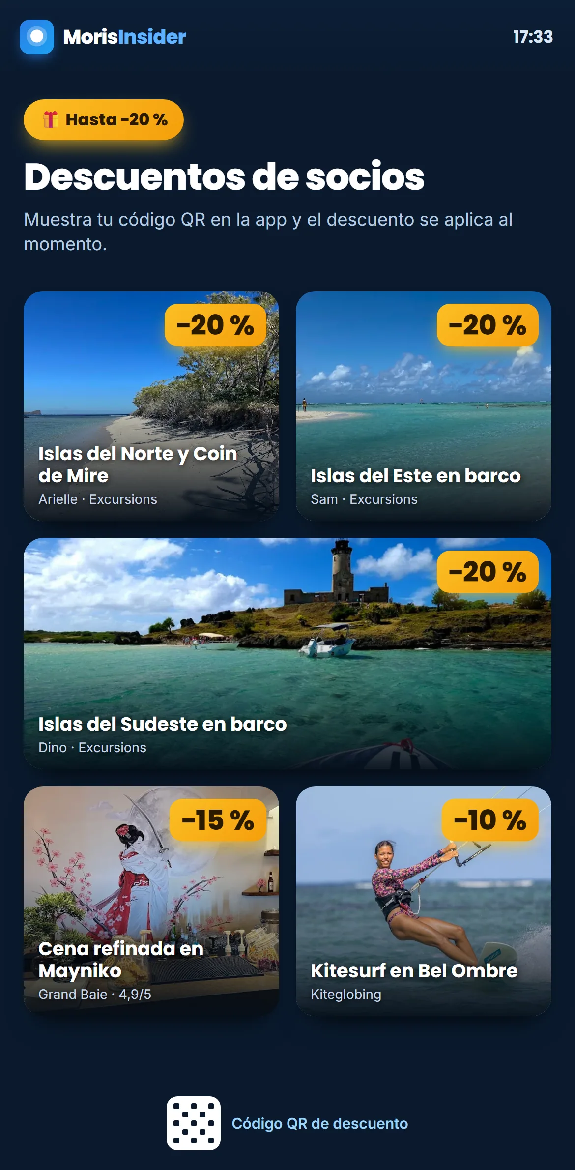 Descuentos de socios — actividades con descuento y su porcentaje