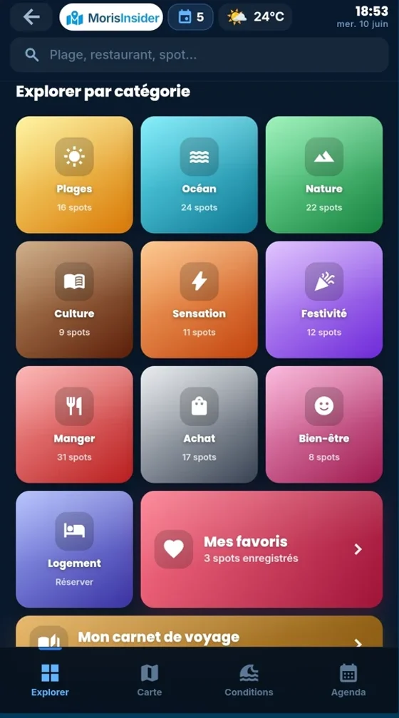 Catégories d'expériences dans l'app Moris Insider