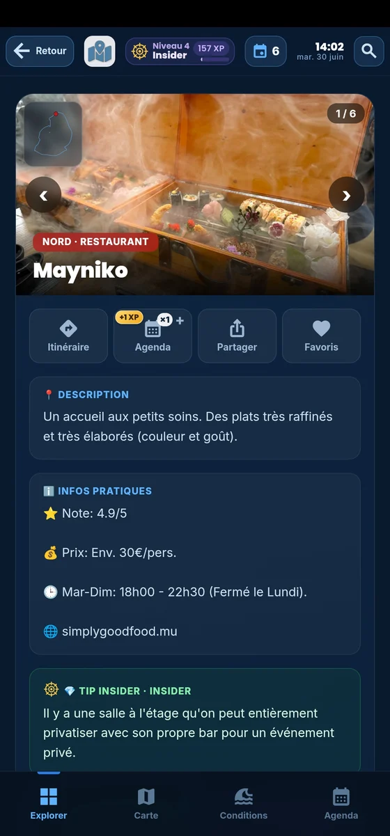 Fiche d'un restaurant dans l'app