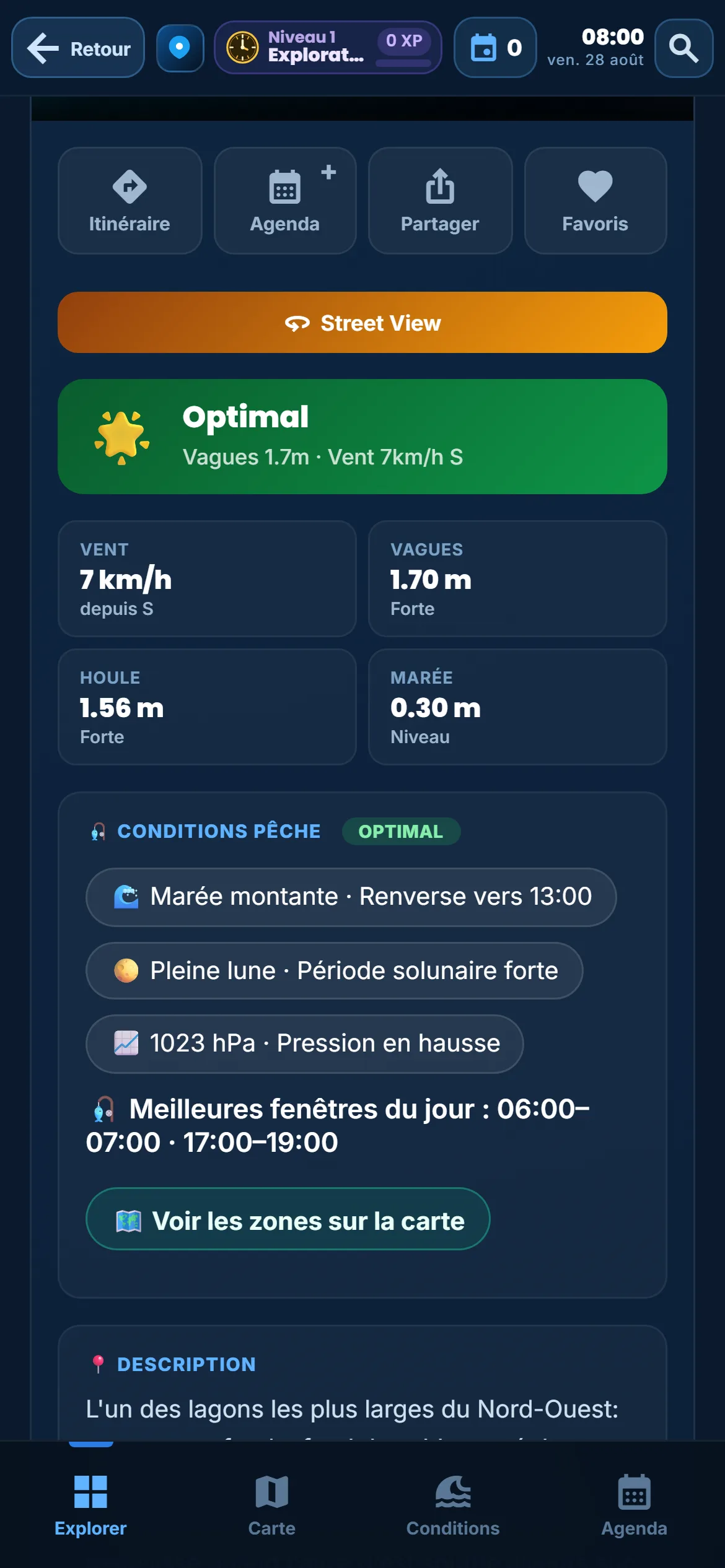 Die Seite eines Angelplatzes auf Mauritius mit Bedingungsblock und der Zeile der besten Zeitfenster des Tages