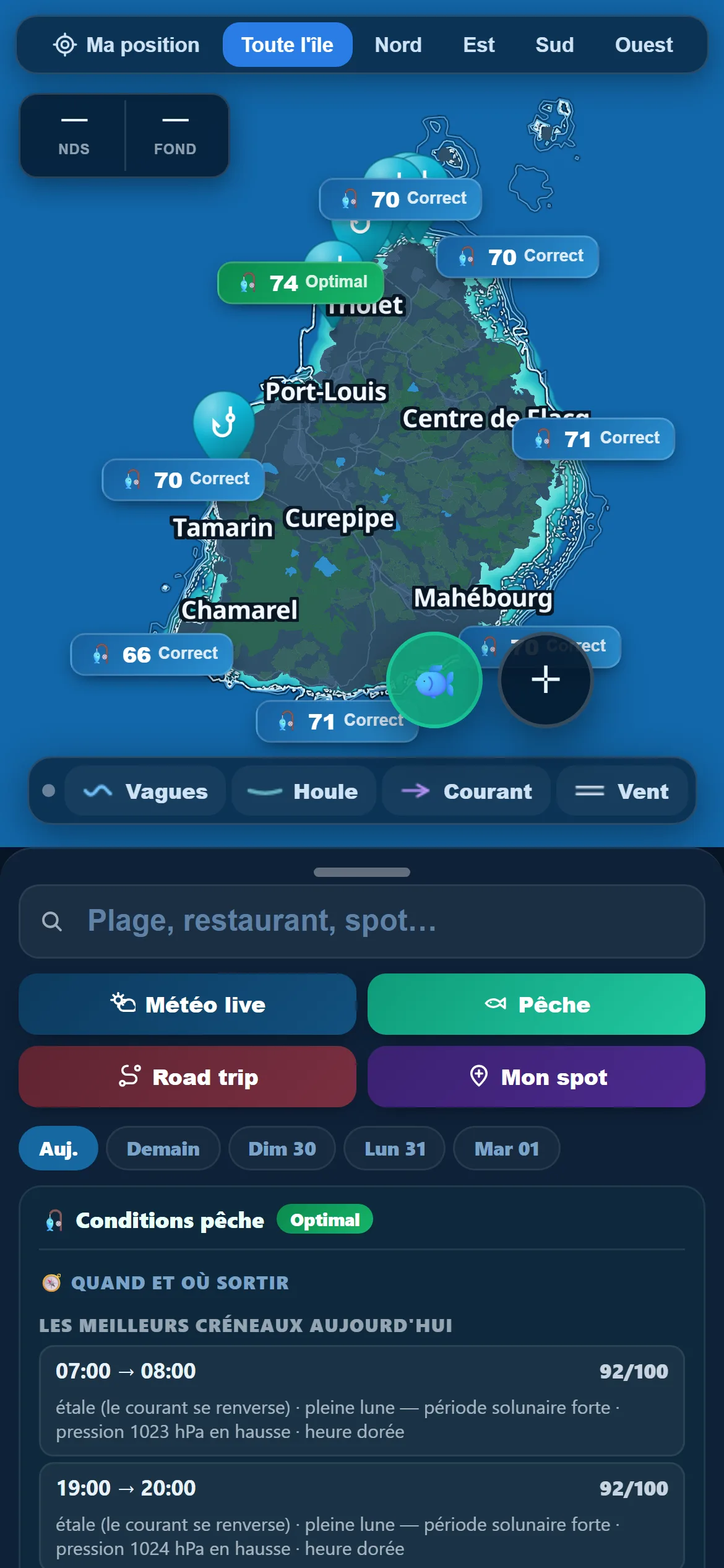 Die Karte von Mauritius im Angelmodus in der Moris-Insider-App mit den nach Bedingungen sortierten Zonen