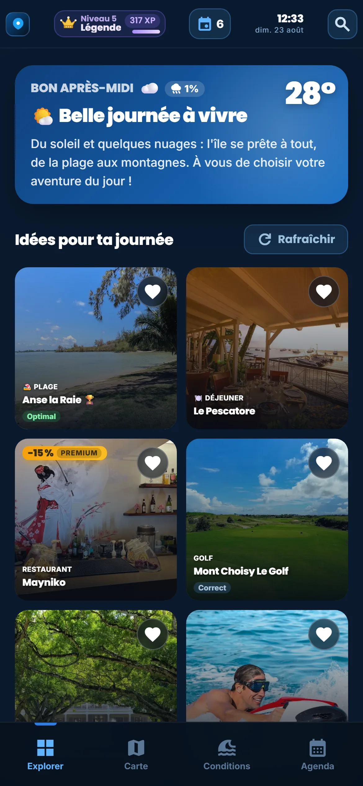 Ma journée — Chaque matin, l’app lit la météo et vous propose des idées : où aller, quoi y faire, à quelle heure.
