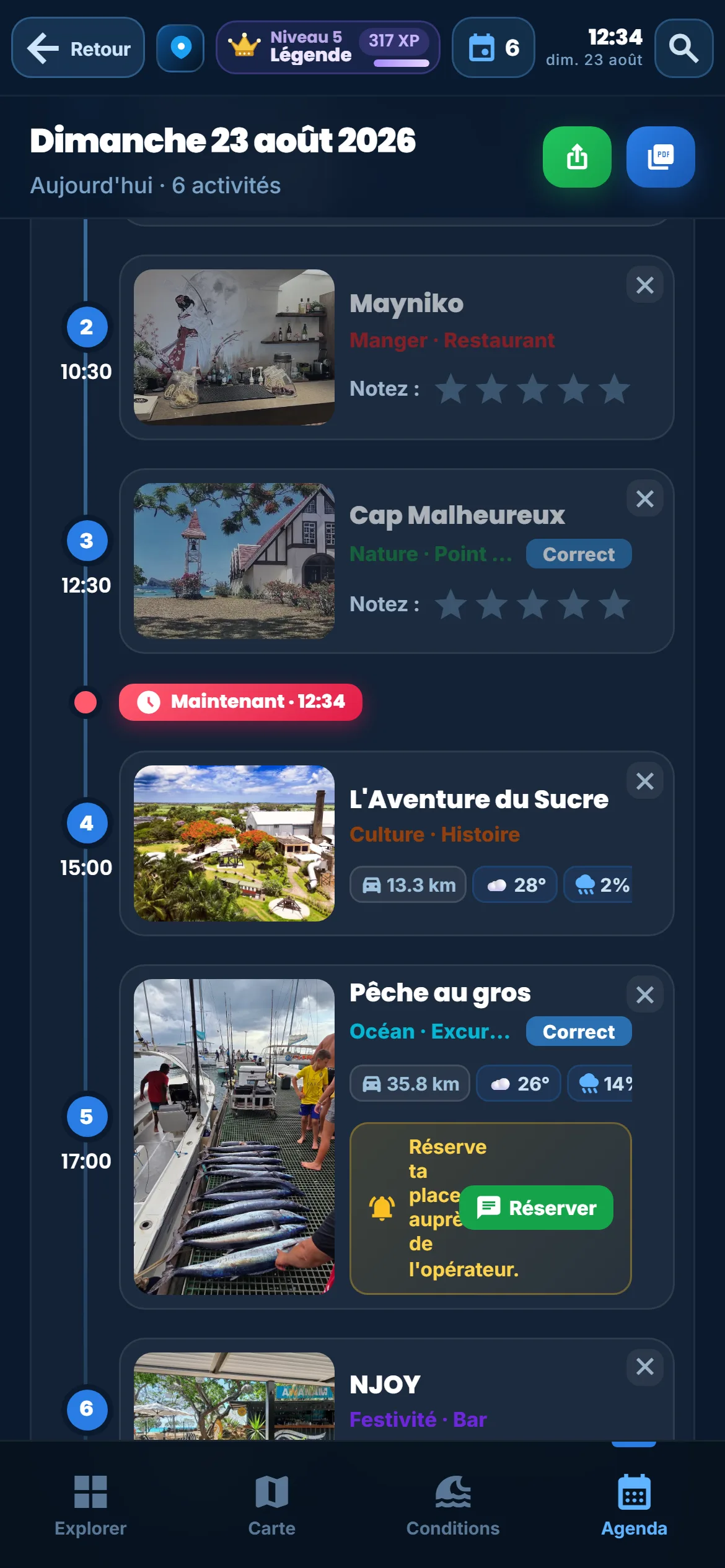 Le fil de la journée — Vos activités les unes après les autres, avec le trajet, la météo et la réservation quand il en faut.