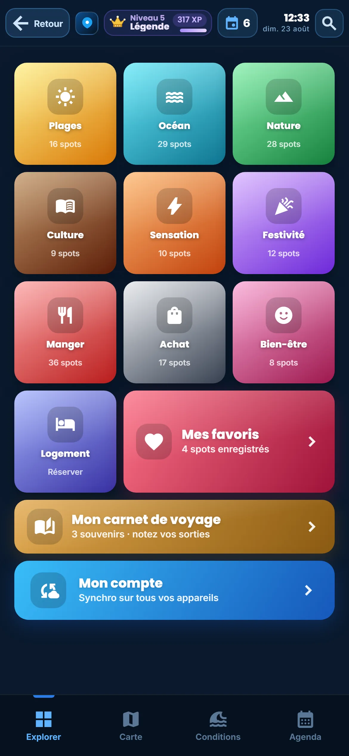 Explorer — 225 lieux sélectionnés, classés par envie. Vous filtrez, vous comparez, vous décidez.