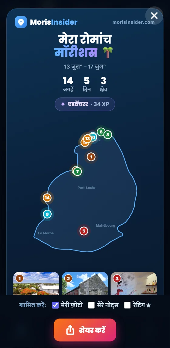डायरी साझा करने का पूर्वावलोकन: शीर्षक, तिथियाँ, स्पॉट, दिनों और क्षेत्रों की संख्या, मॉरीशस का नक्शा और चेकबॉक्स