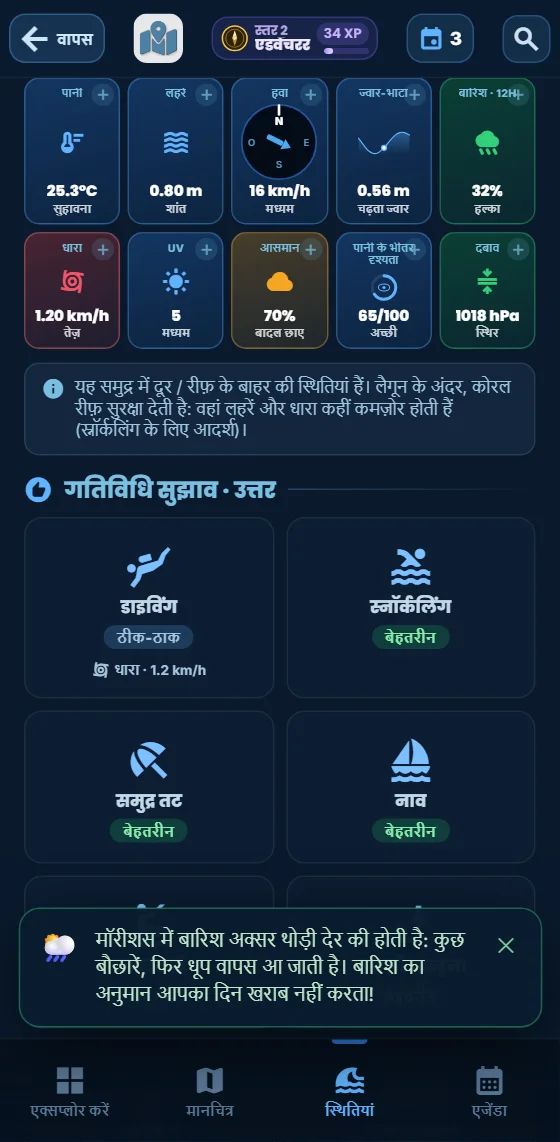 ऐप की स्थिति-टाइलें: पानी का तापमान, लहरें, हवा, ज्वार, बारिश की संभावना, धारा और यूवी