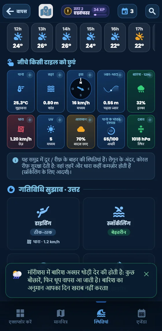 ऐप का घंटेवार दृश्य: मौसम, लहरें, हवा, धारा, दृश्यता और ज्वार घंटे के हिसाब से