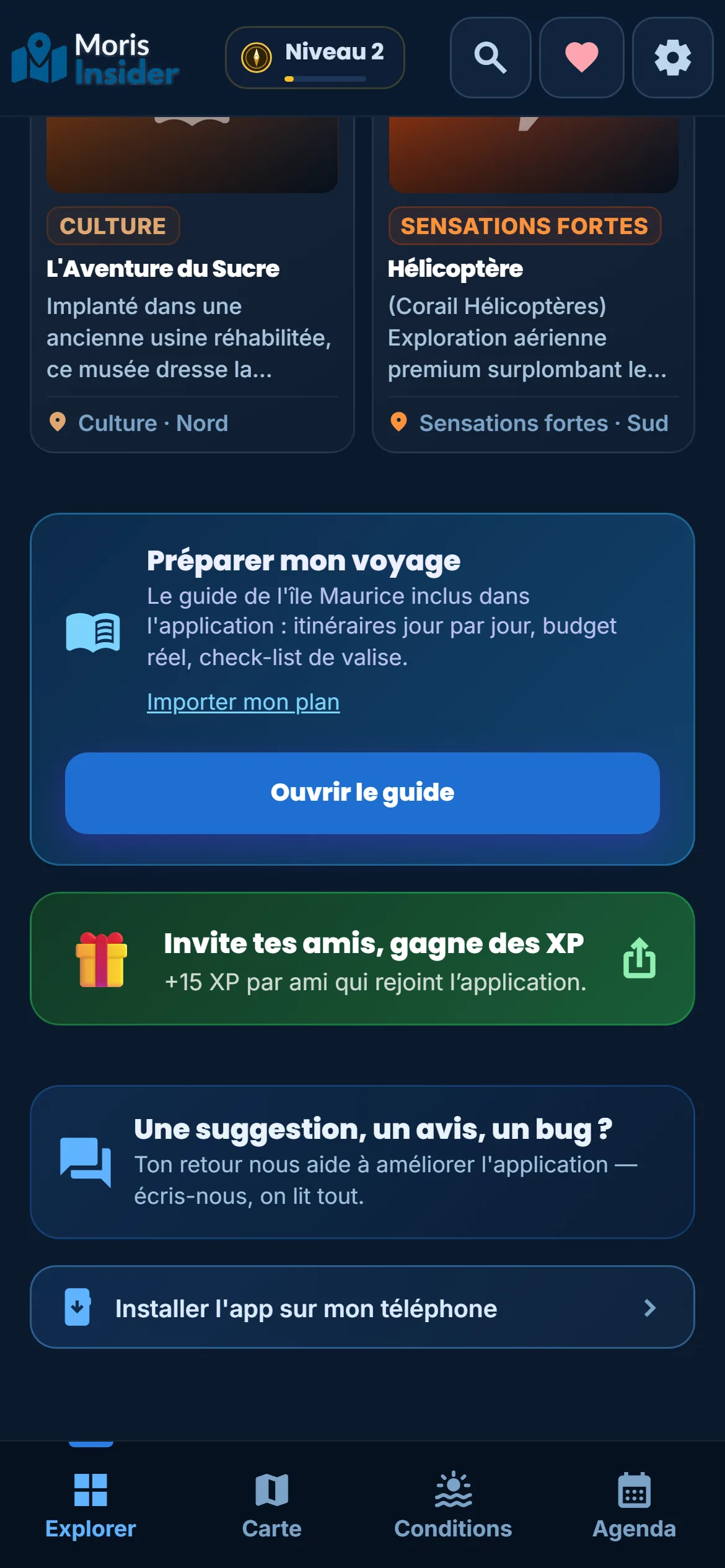 手机上 Moris Insider 应用「Explorer」页面底部，带有安装应用的按钮