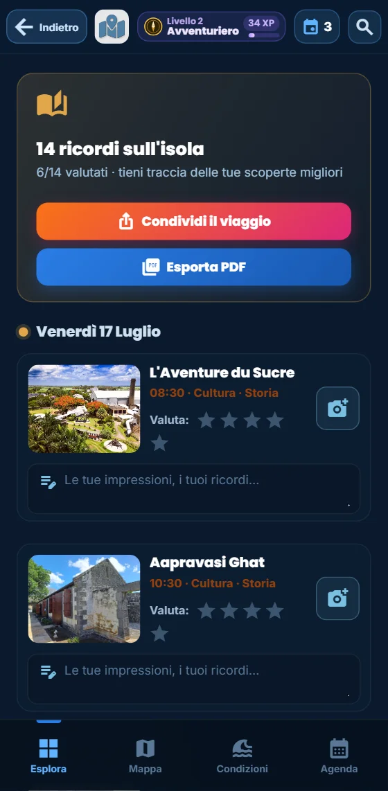 Il diario di viaggio dell’app Moris Insider: le uscite passate raggruppate per giornata, con stelle, foto e campo note