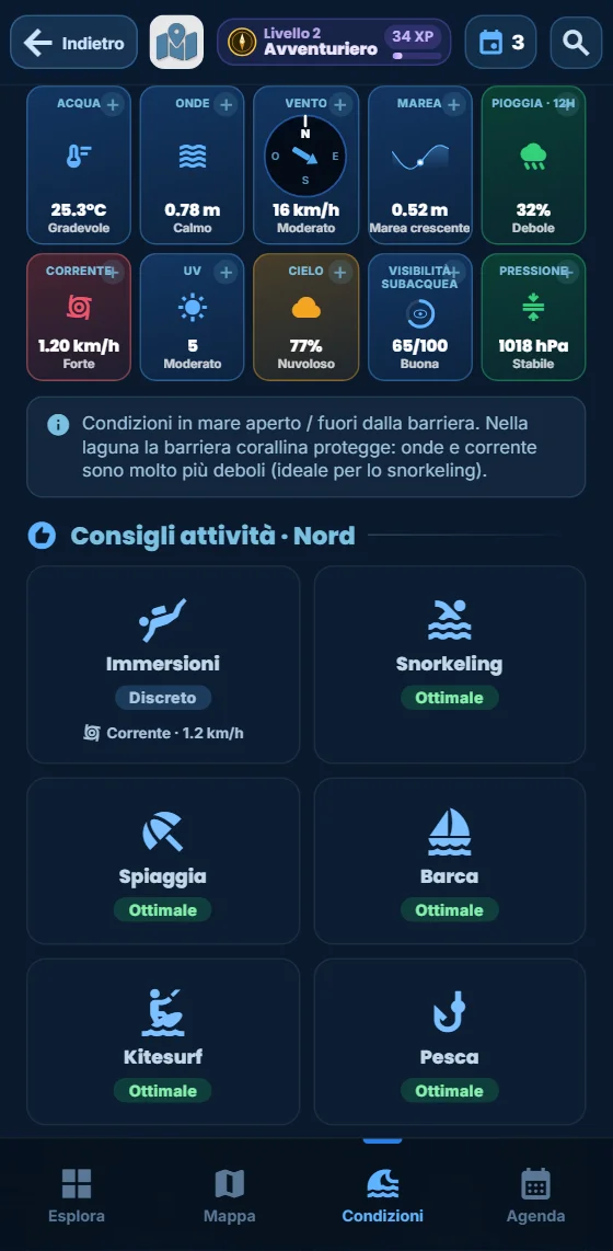 Le caselle delle condizioni nell’app: temperatura dell’acqua, onde, vento, marea, probabilità di pioggia, corrente e UV
