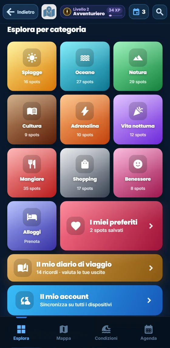 Categorie di esperienze nell'app Moris Insider