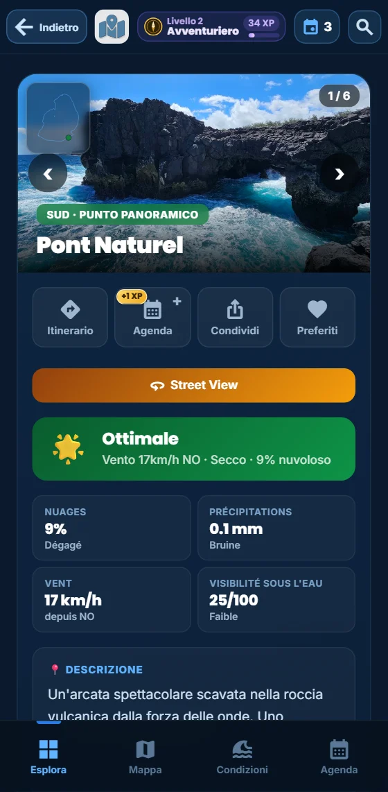 Scheda di uno spot naturale nell'app