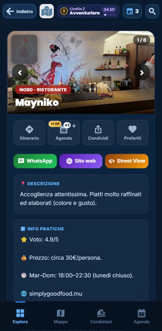 Scheda di un ristorante nell'app
