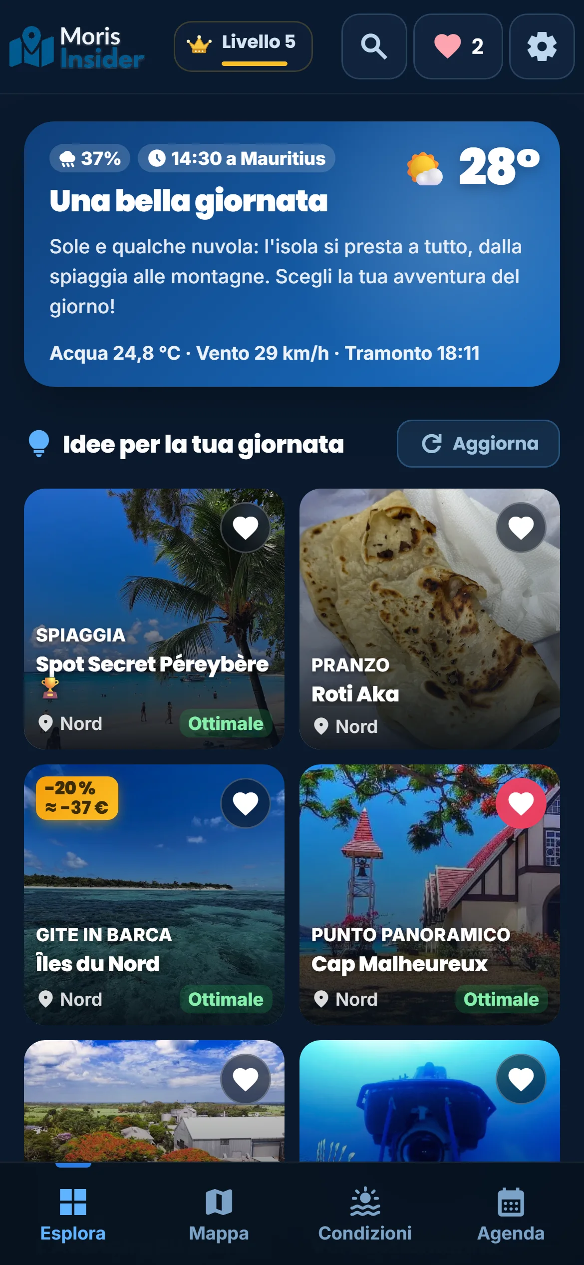 La mia giornata — Ogni mattina l’app legge il meteo e ti propone delle idee: dove andare, cosa fare, a che ora.