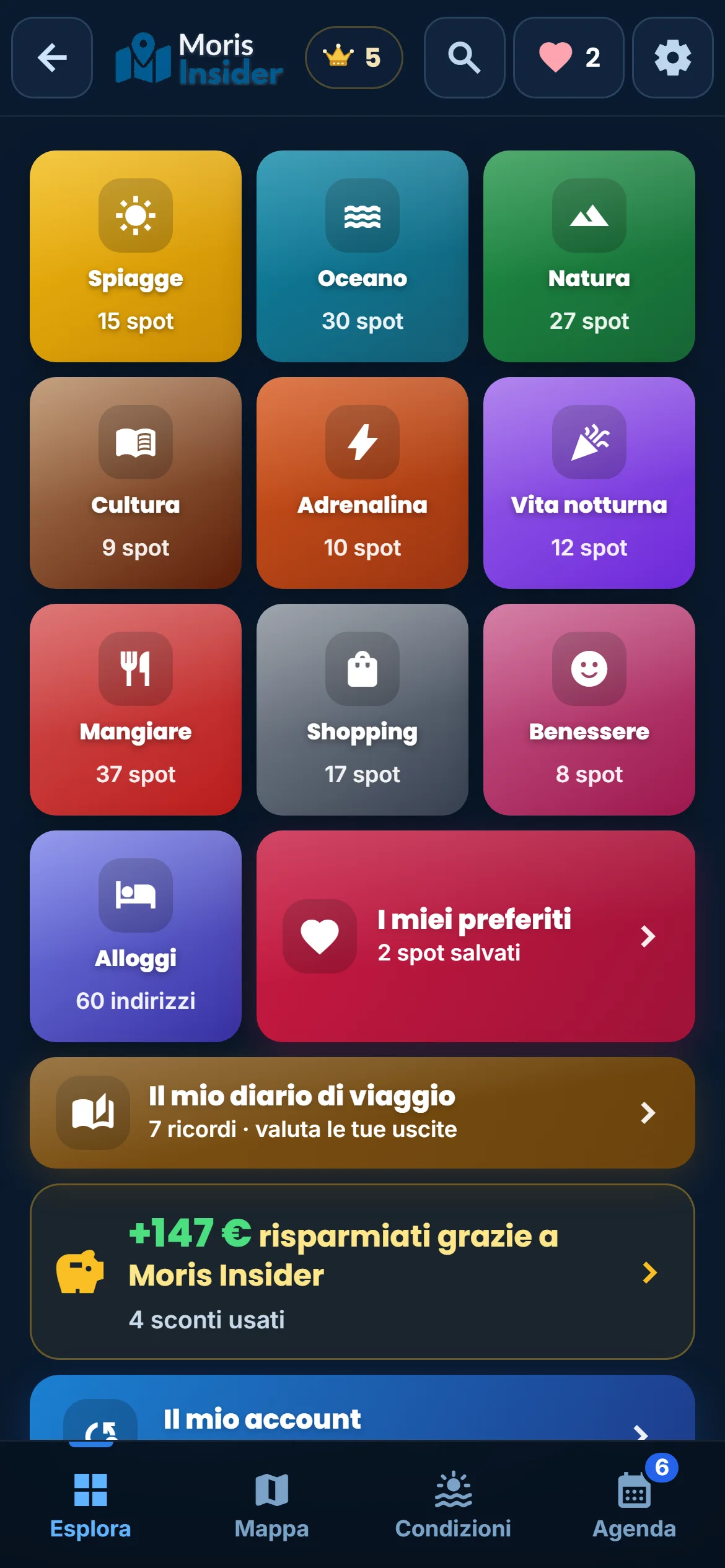 Esplorare — 225 luoghi selezionati, ordinati per voglia. Filtri, confronti, decidi.