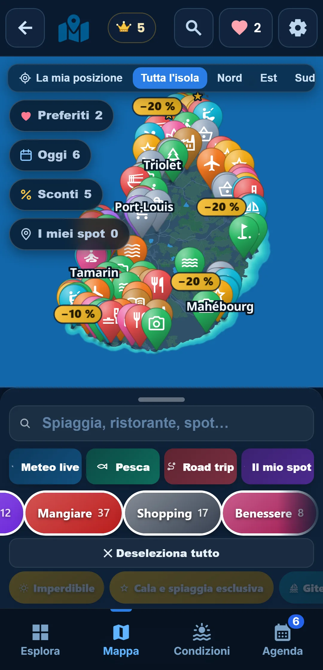Sottocategorie — Ogni categoria si apre: in « Oceano », tieni solo lo snorkeling.