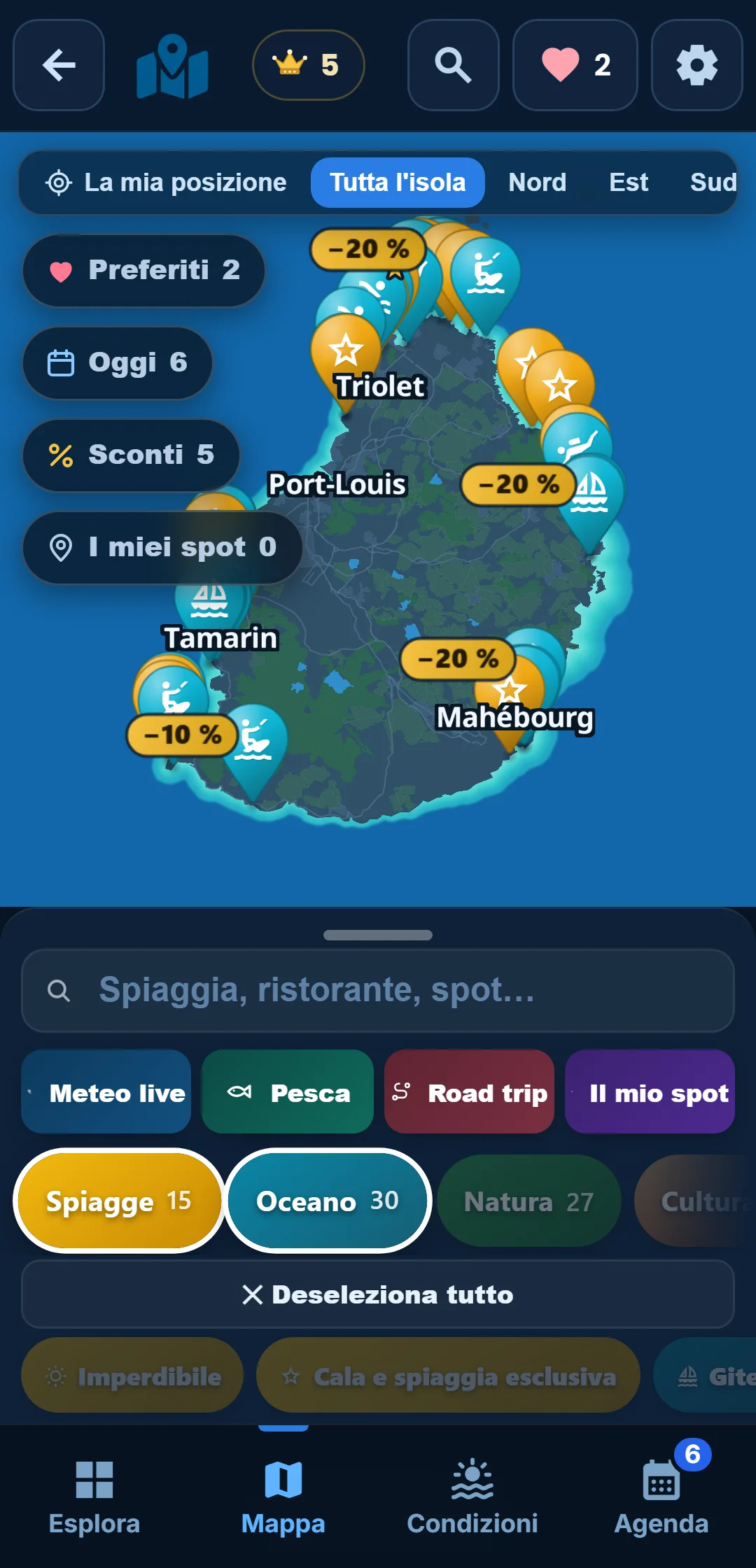 Sottocategorie — Ogni categoria si apre: in « Oceano », tieni solo lo snorkeling.