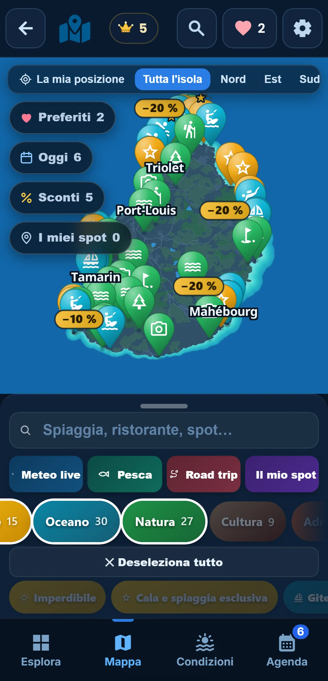 Sottocategorie — Ogni categoria si apre: in « Oceano », tieni solo lo snorkeling.
